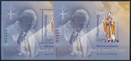 2020 100 éve született Szent II. János Pál pápa blokk zöld sorszámmal + vágott blokk piros azonos sorszámmal (21.500)