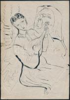 Jelzés nélkül (Szalay Lajos?): Lanton játszó lány. Tus, papír. Lapszéli apró sérülésekkel. Hajtásnyommal. 26x18,5 cm.