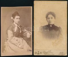 cca 1880-1900 Hölgyportrék, 2 db vizitkártya Csonka Simon budapesti, illetve Raab Lajos győri műterméből, az egyik körbevágva, 9,5x6 cm és 10,5x6,5 cm