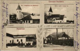1918 Buzita, Buzica; Református templom az iskolával, Római katolikus templom, Postahivatal, Csendőrlaktanya télen. Szilágyi Arthur műintézetéből / Calvinist church and school, Catholic church, post office, gendarmerie barracks in winter (EK)
