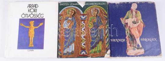 3 darab szakkönyv: Viennese Porcelain, Árpád-kori ötvösség, Limoges-i zománcok Magyarországon. Kopott borítóval.