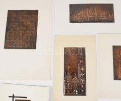 6 db dombornyomott fémlemezzel díszített üdvözlőlap, emléklap (Parlament, Mátyás-templom, Szegedi Dó...