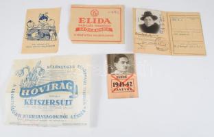 1941-1944 2 db fényképes igazolvány + 3 db különféle reklámnyomtatvány