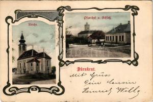 1905 Dürnkrut, Kirche, Pfarrhof und Schloss. Verlag Heinrich Wille / church, parish, castle. Art Nouveau frame + "BÉCS - BUDAPEST 117 A" vasúti mozgóposta bélyegző (EK)