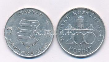 1947. 5Ft Ag "Kossuth" + 1993. 200Ft Ag "MNB" T:XF-VF egyiken ph. Adamo F8.1, F13