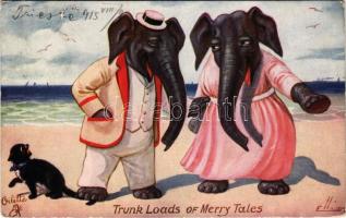 1915 "Trunks Full of Fun". Trunk Loads of Merry Tales, dressed elephants on the beach. Raphael Tuck &amp; Sons 'Oilette' Series Postcard No. 9684. (kopott sarkak / worn corners)