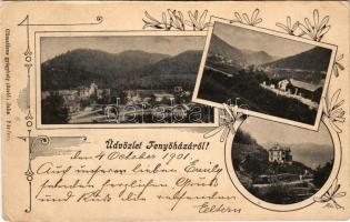 1901 Fenyőháza, Lubochna; látkép, vasútállomás, nyaraló. Szecessziós-virágos keret / general view, railway station, villa. Art Nouveau, floral (EK)