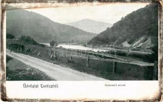 Sztrecsnó, Sztrecsény, Strecno (Trencsén); Üdvözlet Turóczból. Sztrecsnói-szoros. Moskóczi Ferencné kiadása / Povazie / gorge in the Váh valley (kopott sarkak / worn corners)