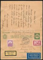 1929 Díjkiegészített válaszos díjjegyes levelezőlap légipostával Bécsbe, osztrák bélyeges kiegészítéssel visszaküldve. A válaszlapon apró sérülések.