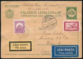 1929 Díjkiegészített válaszos díjjegyes levelezőlap légipostával Bécsbe, osztrák bélyeges kiegészíté...