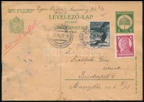 1929 Díjkiegészített válaszos díjjegyes levelezőlap légipostával Bécsbe, osztrák bélyeges kiegészíté...