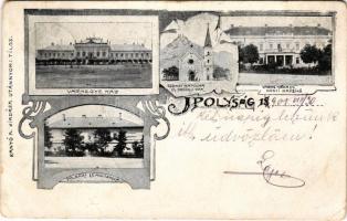 1901 Ipolyság, Sahy; Vármegyeház, polgári leányiskola, Városháza, Honti kaszinó, Szondi kápolna és Drégely vár. Kanyó A. kiadása / county and town hall, girl school, casino, chapel, castle. Art Nouveau, floral (EM)