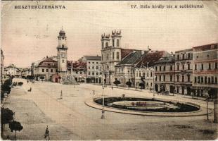 1915 Besztercebánya, Banská Bystrica; IV. Béla király tér a szökőkúttal, városháza, Fischer Alajos, Ehrenwald Gyula, Löwy Ferenc üzlete. Ivánszky Elek kiadása / square, fountain, town hall, shops (EB)
