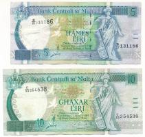 Málta 1994-1997. 5L "B/21 131186" + 1999-2007. 10L "C/50 354538" T:F Malta 1994-1997. 5 Liri "B/21 131186" + 1999-2007. 10 Liri "C/50 354538" C:F Krause 46.b, 47.c