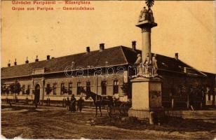1915 Paripás, Parabuty, Parabutsch, Parabuc, Ratkovo; Községháza, Szentháromság szobor. W. L. 1979. / Gemeindehaus / town hall, Holy Trinity statue (kis szakadás / small tear)