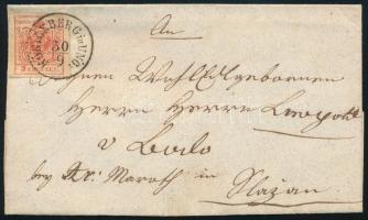 1854 3kr HP I.a3 típus kármin, üreges számjegynyomat levélen "KÖNIGSBERG in UNG:" (Gudlin 200 pont) - "LÉVA" - "ARANYOS-MARÓTH"
