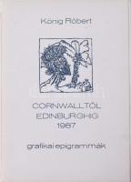 König Róbert (1951-2014): Cornwalltól Edinburgh-ig 1987. Grafikai epigrammák. Bp., 1987., Kisgrafika Barátok Köre, 20 t. Fametszet, papír, mindegyik ceruzával jelzett. Számozott, 10. számú példány. Kiadói papírmappán apró kopásnyomokkal, máskülönben jó állapotban. Komplett, hiánytalan!