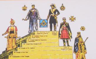 A szabadkőművesség lépései. Szabadkőműves témájú nyomat, üvegezett keretben, 39x50 cm