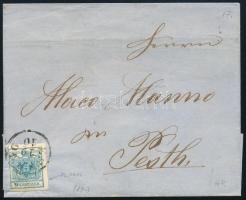 ~1855 9kr MP III.b 2x típ. világoskék, levélen "ESSEGG" - "PESTH / Früh"