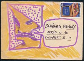 Balássy Éva (1951-2014): Alakok (cím nélkül, kétoldalas mű), 1985 körül. Vegyes technika, papír (boríték), jelzett a hátoldalán. Schéner Mihály részére címzett. 11,5x16 cm