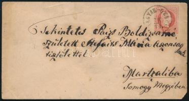 1868 5kr díjjegyes boríték "MAGYAR-GENCS" - "KIS-CZELL" - "CSANÁD-SZILVÁGY" - "NAGY-KANIZSA / PÁLYAUDVAR" - "MARCZALY"