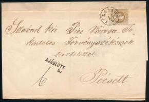 1868 15kr + 10kr ajánlott levélen, a hátoldali 10kr bontásnál elvágták "SZEGZÁRD" - "PÉCS"