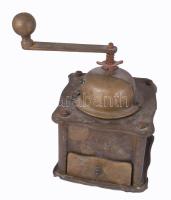 Antik bronz mozsár törővel, m: 12 cm, törő h: 23 cm + Magus bronz kávédaráló kis hiánnyal, m: 18 cm