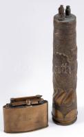 2 darab antik bronz öngyújtó, egyik lövedékből készült, m: 17 cm alatt