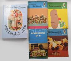 5 db gasztronómiai kiadvány, receptkönyv: A baromfi konyha ABC-je; Különlegesen eltett gyümölcsök; Ételek burgonyából; Konzervből házi kosztot; Mártonné Varázs Gyöngyi: Megtalált ízek. Vegyes állapotban.