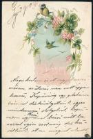 1900 Turul 4f litho képeslapon, "GYŐR ÁLLAM. P.U. / PÉNZROVATOLÁS" bélyegzéssel