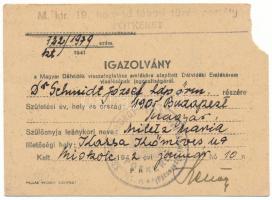 1942. Névre szóló, kitöltött viselői igazolvány a Délvidéki Emlékéremhez, a "M. Kir. 19. Honvéd Tábori Tüzérosztály" pecsétjével T:XF,VF hajtatlan, de anyaghiány Hungary 1942. Bearer's ID for the "Commemorative Medal for the Return of Southern Hungary" decoration, with cancellation from the "Hungarian Royal 19th Honvéd Artillery Battery" C:XF,VF unfolded, but missing material