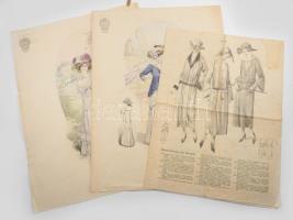 3 db női divatillusztráció, az egyik 4 oldalas, változó állapotban, részben foltos, 37x27,5 cm és 42x31 cm