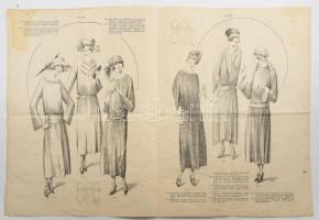 3 db női divatillusztráció, az egyik 4 oldalas, változó állapotban, részben foltos, 37x27,5 cm és 42...