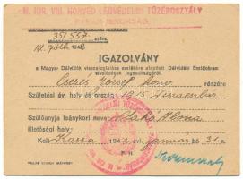 1942. Névre szóló, kitöltött viselői igazolvány a Délvidéki Emlékéremhez, a "M. Kir. VIII. Honvéd légvédelmi tüzérosztály parancsnokság" pecsétjével T:F szakadás Hungary 1942. Bearer's ID for the "Commemorative Medal for the Return of Southern Hungary" decoration, with cancellation from the "Hungarian Royal 8th Honvéd Anti-air Artillery Battery HQ" C:F tear