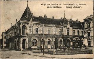 1916 Sambir, Szambir, Sambor; Sokol Gebäude / Gmach Sokola / Sokol building, shops (b)