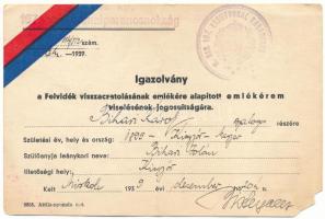 1939. Névre szóló, kitöltött viselői igazolvány a Felvidéki Emlékéremhez, a "M. Kir. 107. vasútvonal parancsnokság" pecsétjével T:VF anyaghiány Hungary 1939. Bearer's ID for the "Upper Hungary Medal" decoration, with stamp from the "Hungarian Royal 107th Railway HQ" T:VF missing material