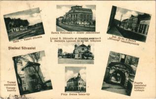 1940 Szilágysomlyó, Simleu Silvaniei; mozaiklap 7 képpel, közte vasútállomás, bank, izraelita templom, zsinagóga / multi-view postcard with 7 images, with railway station, synagogue + "1940 Szilágysomlyó visszatért" So. Stpl. (fl)