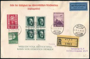 Deutsches Reich 1938 Ajánlott légi levél Hitler blokkal + 3 bélyeggel bérmentesítve, "WIEN FLUGPOST" - "LEIPZIG S 3 / REICHSMESSESTADT"
