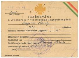 1943. Névre szóló, kitöltött viselői igazolvány a Tűzkereszt I. fokozatához, részben kiolvasható "M. Kir. 101. honvéd vasut ezred pótkeret" pecséttel T:VF