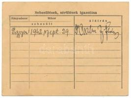 1943. Névre szóló, kitöltött viselői igazolvány a Tűzkereszt I. fokozatához, nem kiolvasható pecsétt...