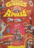 1987 Super Cirkus Apollo, cirkuszplakát, Offset és Játékártya Nyomda, jelzés nélkül (Benkő Sándor?), feltekerve, sérült, 115x80 cm