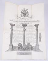 1936 Szabadkőművessé avatási bizonyítvány. a londoni Manor of Stockwell páholyba. Acélmetszet. 30x40 cm Szárzazbélyegzővel  1936 Certificate of initiation into Freemasonry. to the Manor of Stockwell lodge in London. Steel engraving. 30x40 cm With dry seal