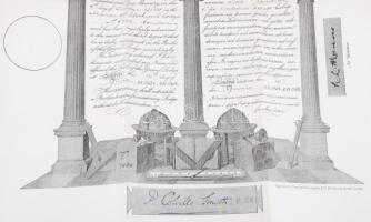 1936 Szabadkőművessé avatási bizonyítvány. a londoni Manor of Stockwell páholyba. Acélmetszet. 30x40...