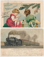 4 db RÉGI üdvözlő képeslap, közte 1 vonat / 4 pre-1945 greeting postcards, with a locomotive