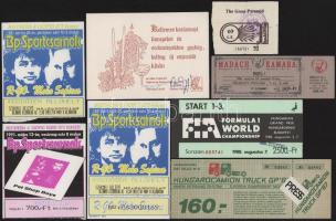 cca 1987-2001 Vegyes papírrégiség tétel, 8 db, nagyrészt belépőjegyekkel: The Great Pyramid, Hungarocamion Truck GP '87, 1988 FIA F-1 World Championship Hungarian Grand Prix Hungaroring, 1991 Pet Shop Boys koncertjegy, R-Go Moho Sapiens koncertjegy, 2001 Madách Kamara Psota! Valamint Alba Volán SC Jégkorong Szakosztályának karácsonyi és újévi üdvözlő kártyája, Schieder László és [id.] Ocskay Gábor aláírásaival.