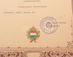 1989 ELTE Általános Iskolai Tanárképző Kara Tanárképzésért oklevél Grétsy László (1932-2024) nyelvés...