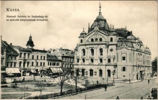 Kassa, Kosice; Nemzeti Színház és Szabadság tér az apácák templomának tornyával, Meisels Leo üzlete. Divald K. Fia fénynyomdája (Eperjes) / theatrem square, church, shops + "ZÖLD, GRÜN" (gyűrődés / crease)