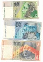 Szlovákia 2001. 20K "J98806737" + 100K "L936533661" + 2002. 50K "C96207918" T:F közte szép papír Slovakia 2001. 20 Korun "J98806737" + 100 Korun "L936533661" + 2002. 50 Korun "C96207918" C:F among them fine paper Krause 20., 21., 25.