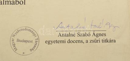 2005 Emléklap Grétsy László részére a Simonyi Zsigmond helyesírási verseny Kárpát-medencei döntőjéne...