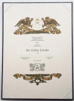 2015 Belváros-Lipótváros Budapest Főváros V. kerületi Önkormányzat oklevele Érdemkereszt adományozásáról Dr. Grétsy László részére, bársonybevonatú díszkartonon, 43x31 cm